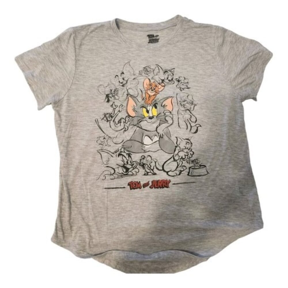 Tom and Jerry Sketch Shirt Junior XL 15/17 Gray‎ Short Sleeve Cartoon Casual